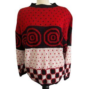 Vintage Geometric Sweater by Alberoy Sz XL Womens Red, White, & Black with Check